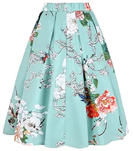 Tandisk Women's Vintage A-line Printed Pleated Flared Midi Skirt with Pockets Green Flower S | Retro Feminine Style thumbnail 3