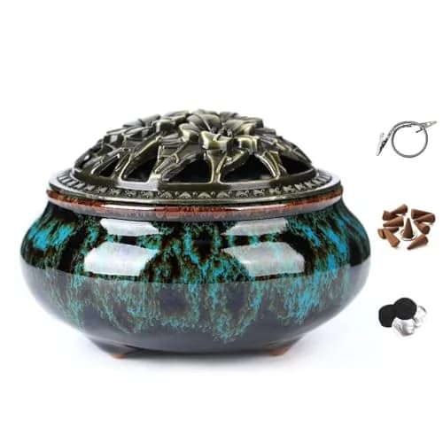 LamDawn Blue Fambe Ceramic Incense Burner with Stick Holder 10cm (3.9in) | Classical Furnishing for Meditation thumbnail 1