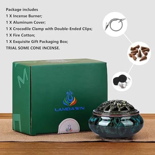 LamDawn Blue Fambe Ceramic Incense Burner with Stick Holder 10cm (3.9in) | Classical Furnishing for Meditation thumbnail 4