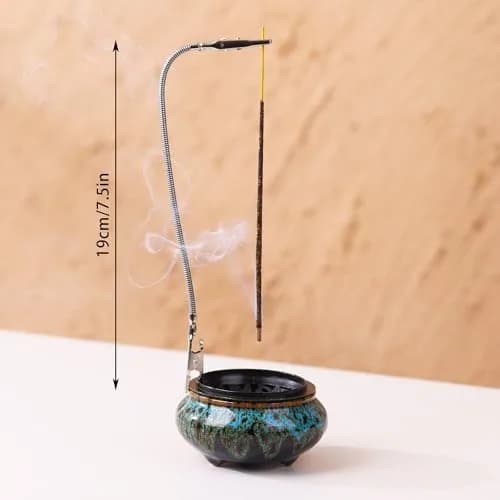 LamDawn Blue Fambe Ceramic Incense Burner with Stick Holder 10cm (3.9in) | Classical Furnishing for Meditation thumbnail 2