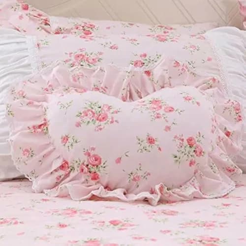 LELVA Pink Heart Throw Pillow with Floral Ruffle Design | Cotton Cover, Irregular Size (70-120c) thumbnail 1