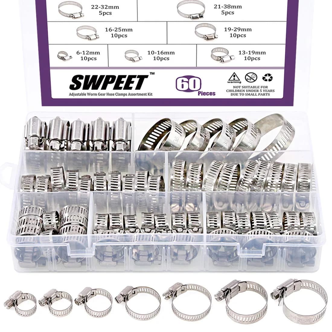 Swpeet 60Pcs Assorted Hose Clamps Kit 6-38mm | Stainless Steel Worm Gear for Automotive & Plumbing — Metallic