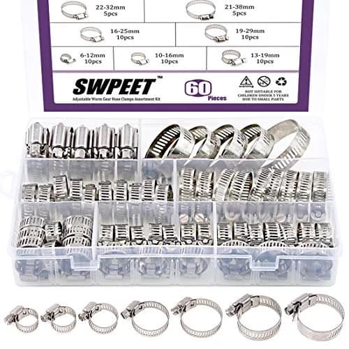 Swpeet 60Pcs Assorted Hose Clamps Kit 6-38mm | Stainless Steel Worm Gear for Automotive & Plumbing thumbnail 1