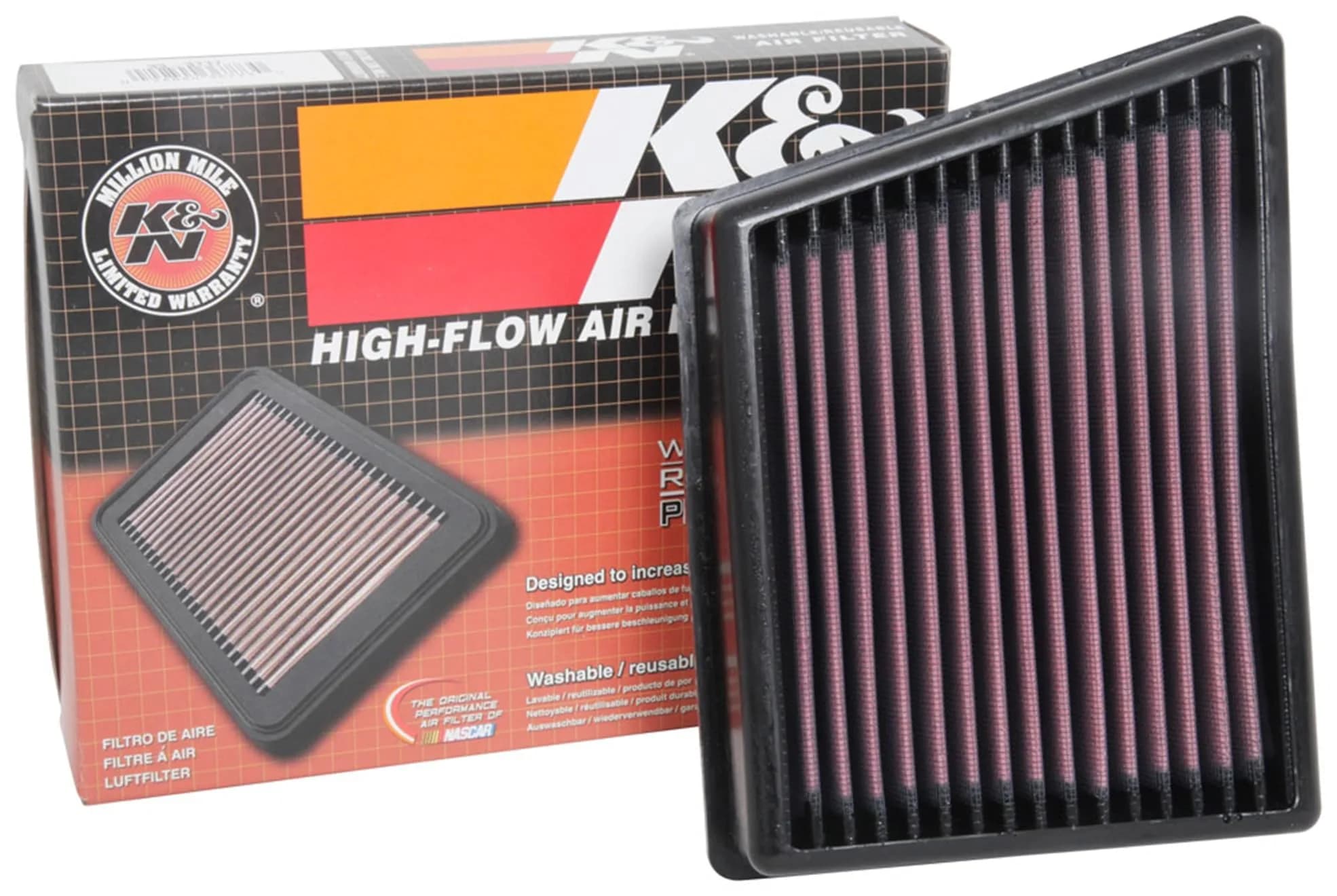 K&N Engine Air Filter: Reusable, Washable, 75,000 Mile Service, 19.6cm x 24.6cm x 4.4cm (7.7in x 9.7in x 1.7in) | High-Flow Performance for Ford EcoSport, Fiesta, Transit — Multi