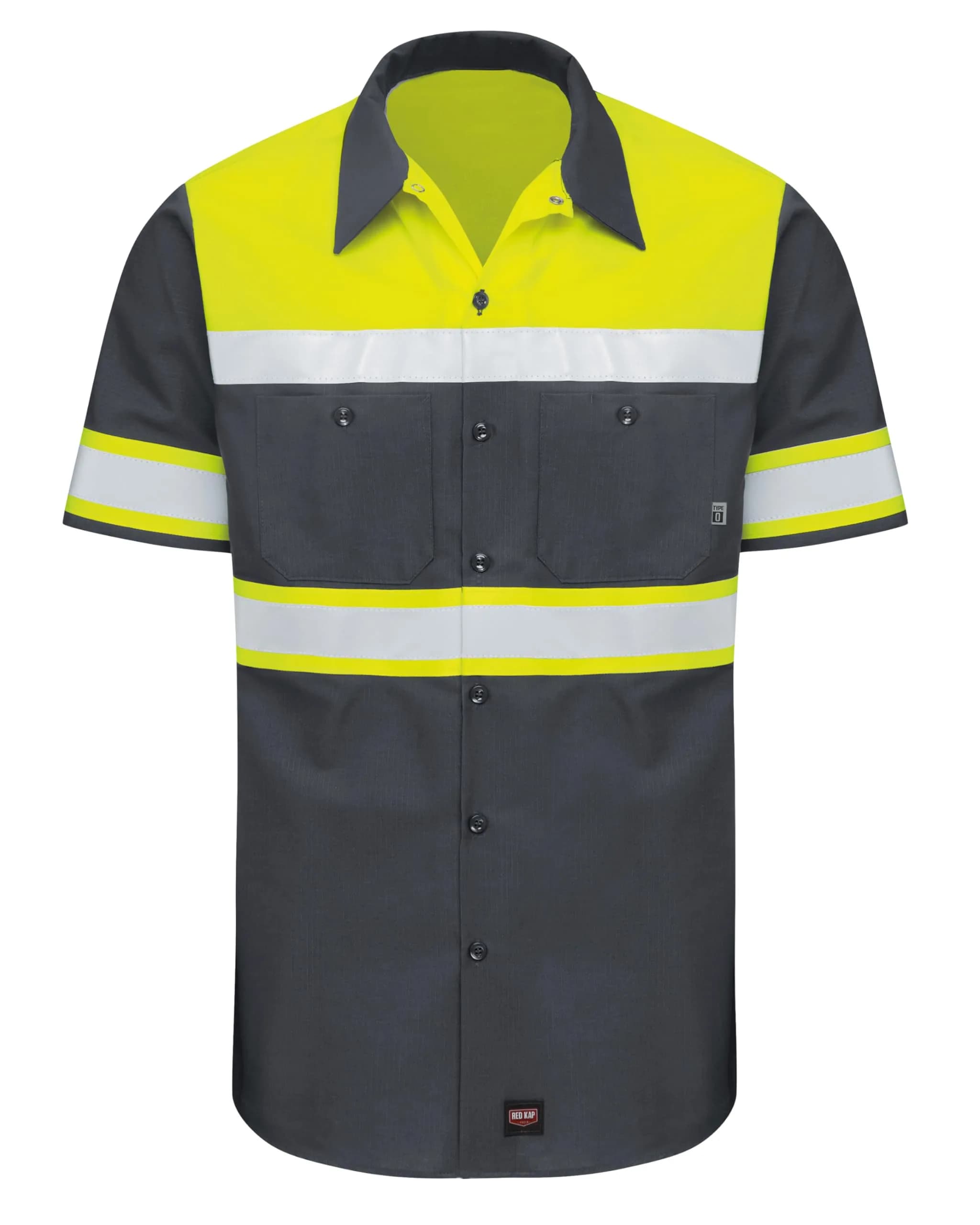 Red Kap Men's Hi-Vis SS Colorblock Ripstop Work Shirt-Type O, Class 1, Fluorescent Yellow/Charcoal, Large | ANSI Class 1 Visibility