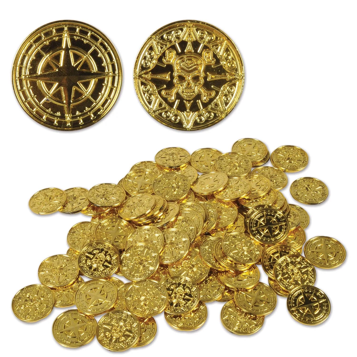 Beistle Plastic Gold Pirate Coins – Pack of 200, Double-Sided Treasure | Pirate-themed party décor — Asstd