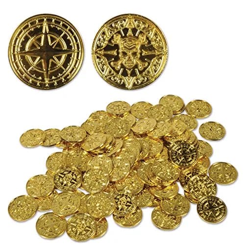 Beistle Plastic Gold Pirate Coins – Pack of 200, Double-Sided Treasure | Pirate-themed party décor thumbnail 1