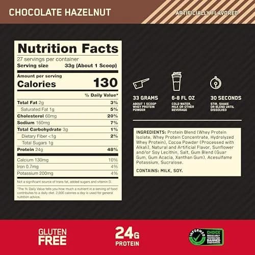 Optimum Nutrition Gold Standard Chocolate Hazelnut Whey Protein Powder 907g (2 Pound) | High Protein for Muscle Recovery thumbnail 3