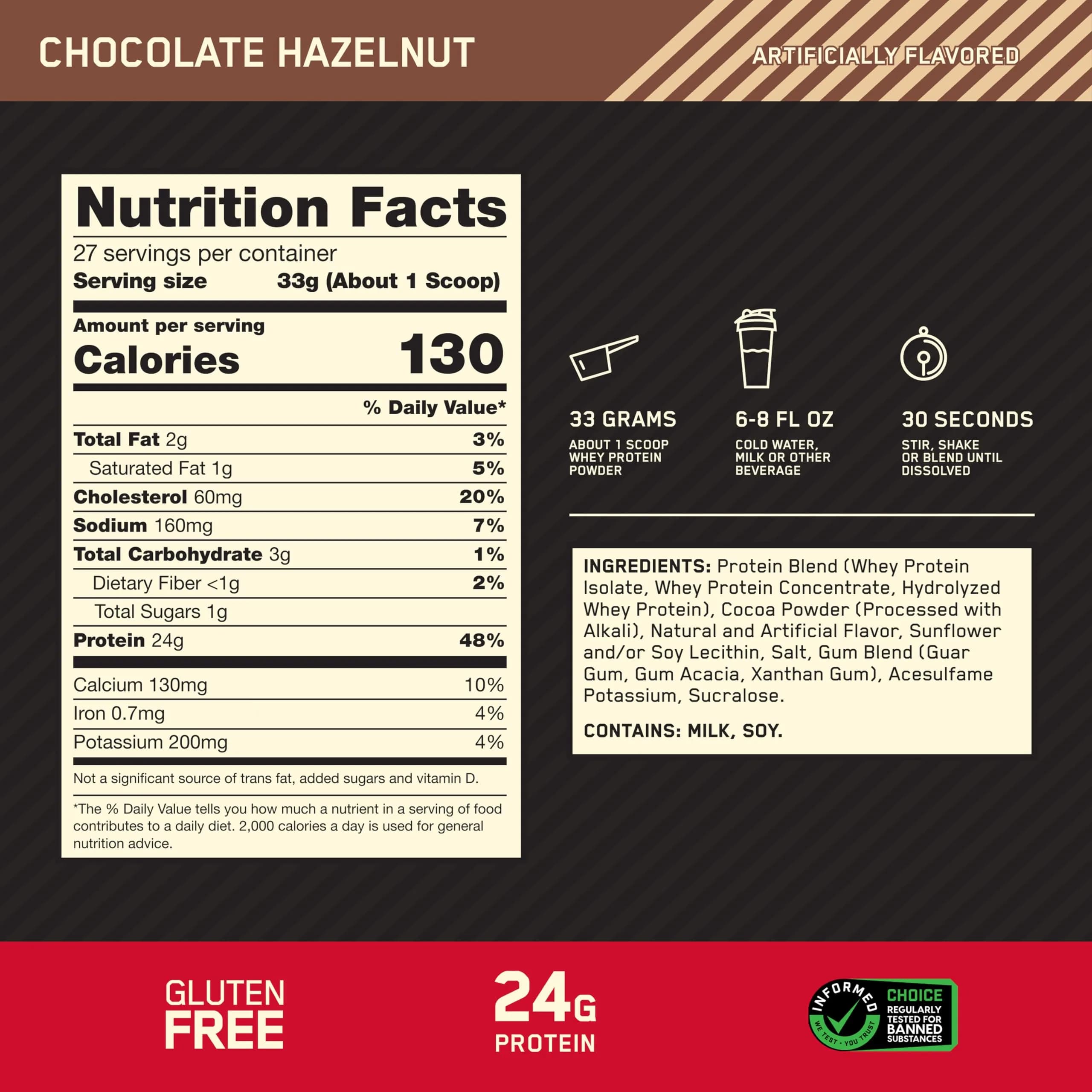 Optimum Nutrition Gold Standard Chocolate Hazelnut Whey Protein Powder 907g (2 Pound) | High Protein for Muscle Recovery - view 3