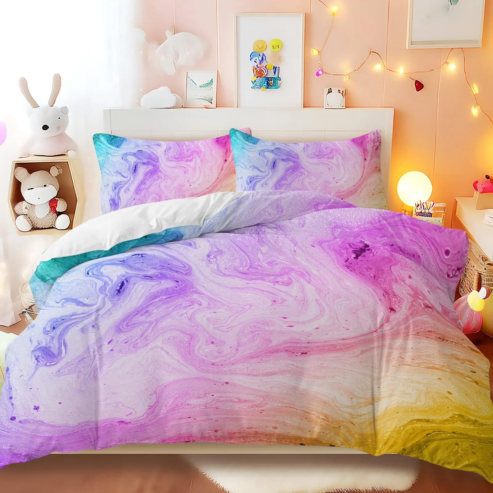 BlessLiving Duvet Cover Set, Colorful Marble Pastel Pink, Queen 3-Piece | Microfiber, Bright Abstract Art, Easy Care
