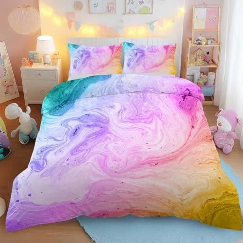 BlessLiving Duvet Cover Set, Colorful Marble Pastel Pink, Queen 3-Piece | Microfiber, Bright Abstract Art, Easy Care thumbnail 3