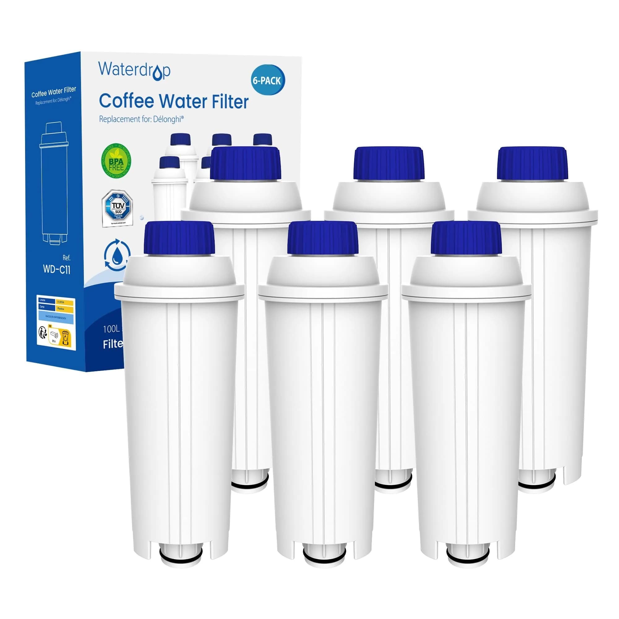 Waterdrop DLS C002 Filter Replacement for De'Longhi Coffee Machines 6 Pack | Reduces Chlorine & Impurities for Fresher Water — 6-Pack