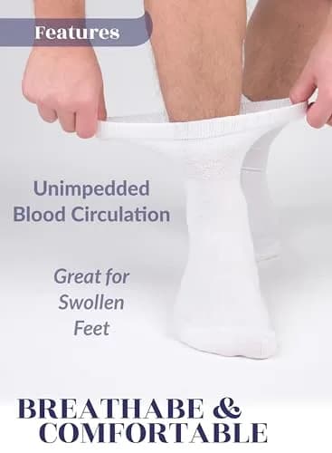 Hugh Ugoli Diabetic Socks for Men, Loose Ankle Rayon, Extra-Wide, Thin, Seamless Toe, Non-Binding Top, 4 Pairs, White, Shoe Size: 8-11 | Breathable & Soft thumbnail 5