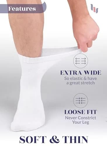 Hugh Ugoli Diabetic Socks for Men, Loose Ankle Rayon, Extra-Wide, Thin, Seamless Toe, Non-Binding Top, 4 Pairs, White, Shoe Size: 8-11 | Breathable & Soft thumbnail 3