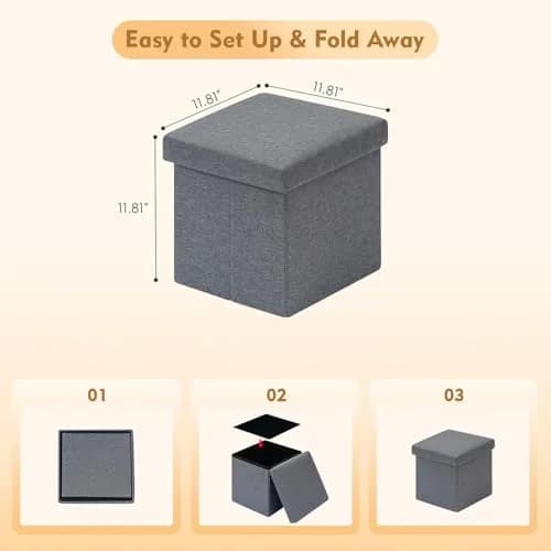 B FSOBEIIALEO Storage Ottoman Cube, 11.8" Linen Grey | Small Foldable Footstool & Storage thumbnail 2