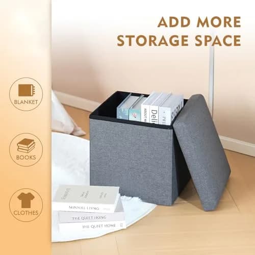 B FSOBEIIALEO Storage Ottoman Cube, 11.8" Linen Grey | Small Foldable Footstool & Storage thumbnail 3