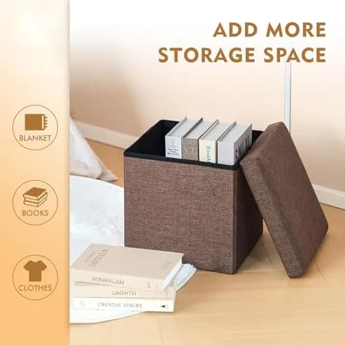 B FSOBEIIALEO Storage Ottoman Cube, 11.8" Linen Small Ottoman, Brown | Space-Saving, Durable & Foldable thumbnail 3