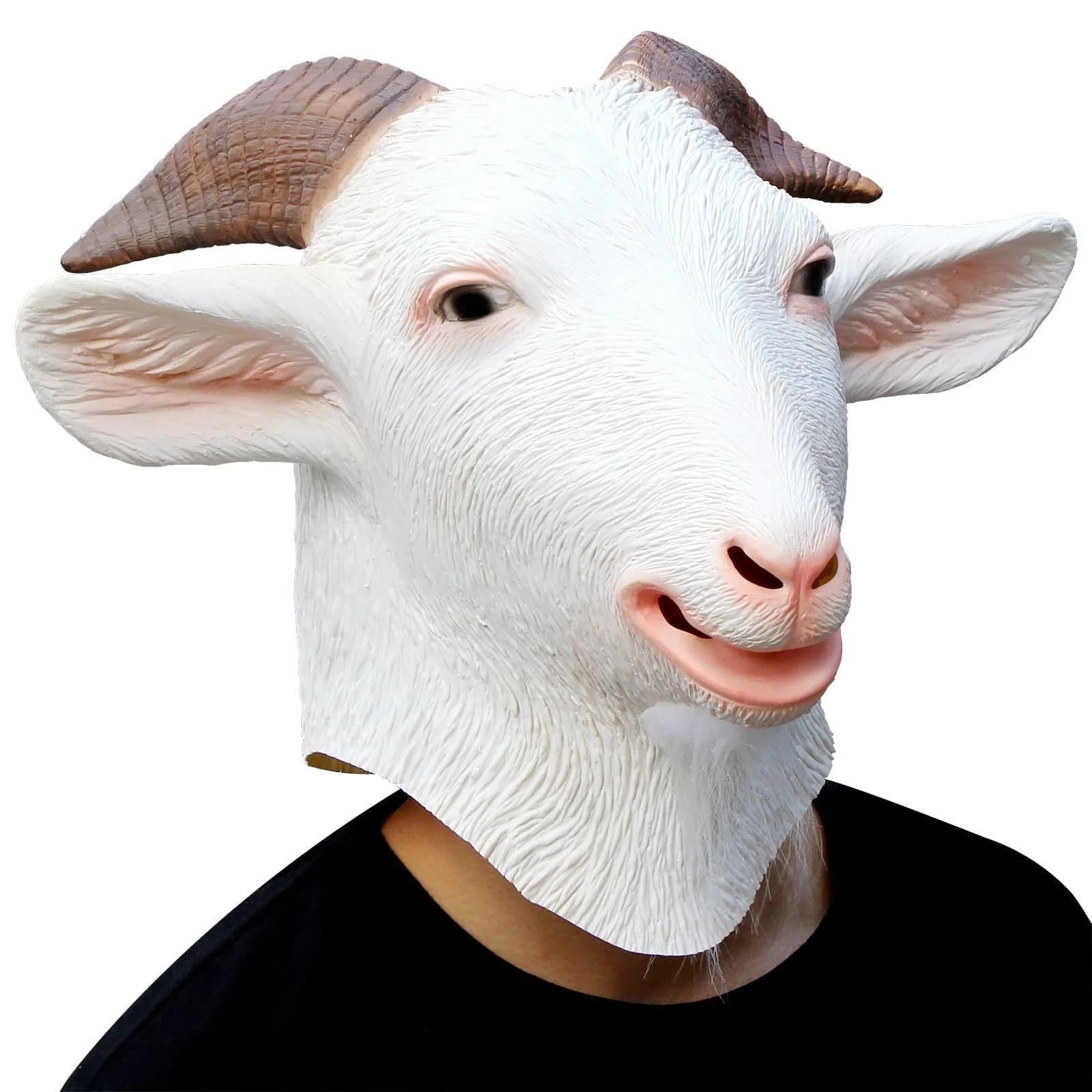 CreepyParty Goat Mask Full Head Natural Latex Animal Costume for Halloween Party | Adult Men's White — White