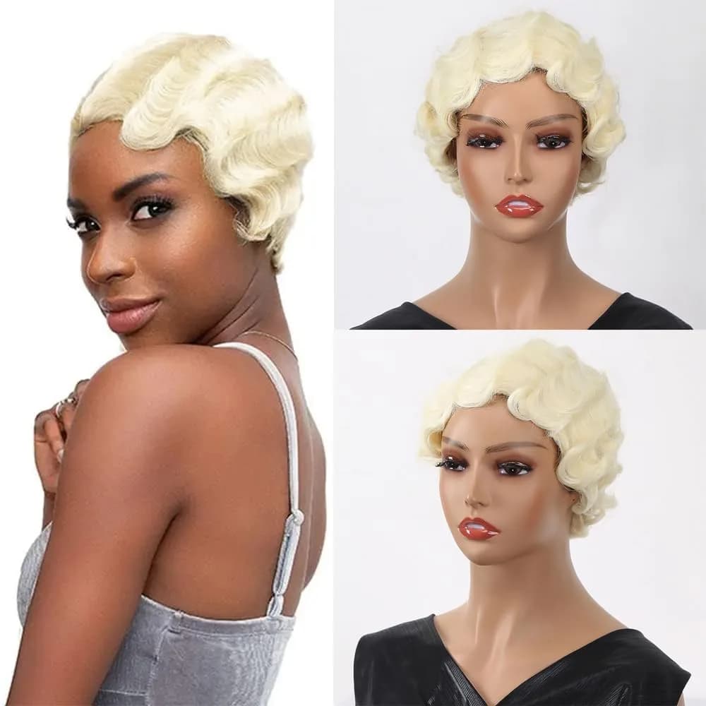 Sheila Beauty Short Wigs Pixie Curly Synthetic Hair Wavy Wig Light yellow White | Natural Look