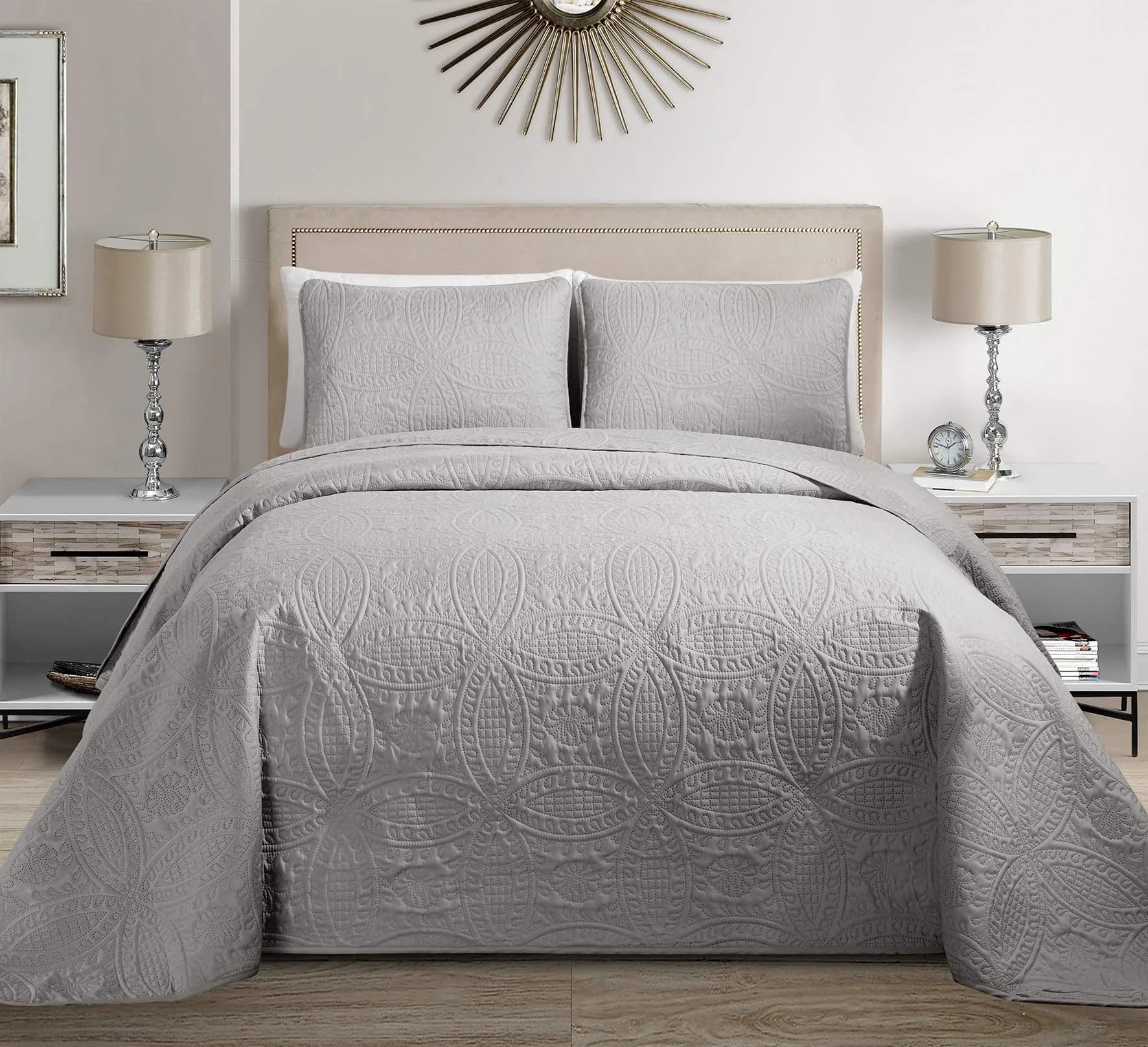 MK Home 3pc King/California King Bedspread Set | Brushed Microfiber Silver 118"x106"