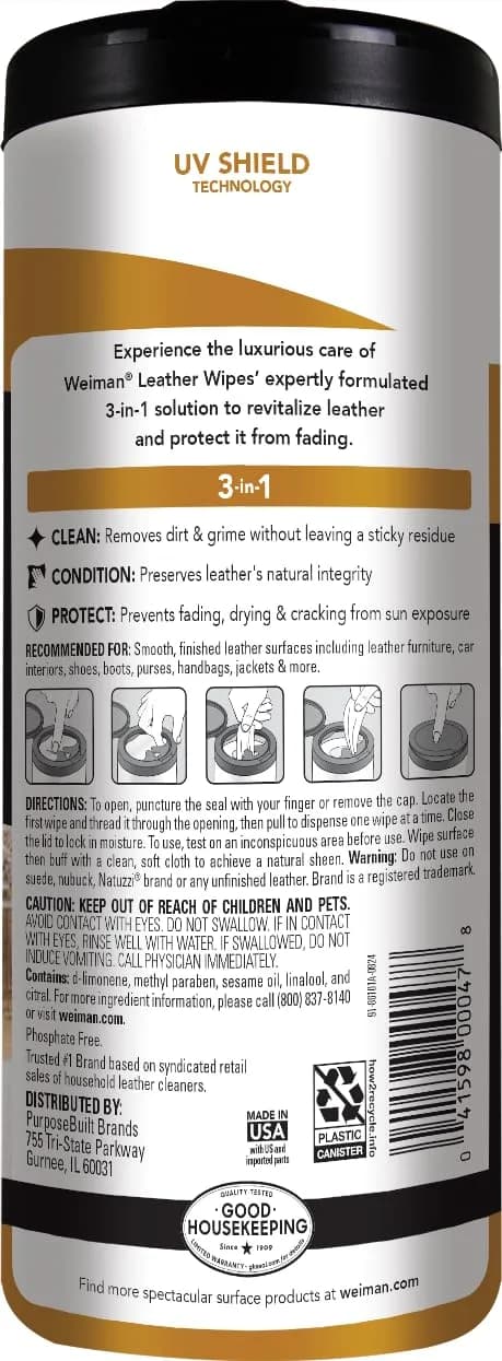 Weiman Leather Cleaner, Conditioner & Protector Wipes 120 Count (Pack of 4) | UV Protection for All Finished Leather Surfaces - view 2