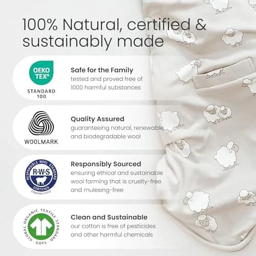 Woolino Ultimate Baby Sleep Sack – 4 Season Merino Wool Sleeping Bag, Organic Cotton Outer, Temp Regulating Blanket, Adjustable Sleep Sack Universal Size 2–24 Months - Night Sky thumbnail 4