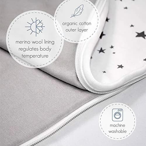 Woolino Ultimate Baby Sleep Sack – 4 Season Merino Wool Sleeping Bag, Organic Cotton Outer, Temp Regulating Blanket, Adjustable Sleep Sack Universal Size 2–24 Months - Night Sky thumbnail 5