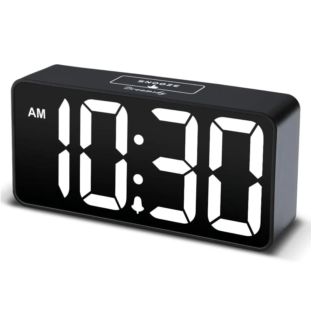 DreamSky Small Digital Alarm Clock for Bedroom, Large 2-inch LED Display | Black Case White Digits, Plug-in with USB Charging Port
