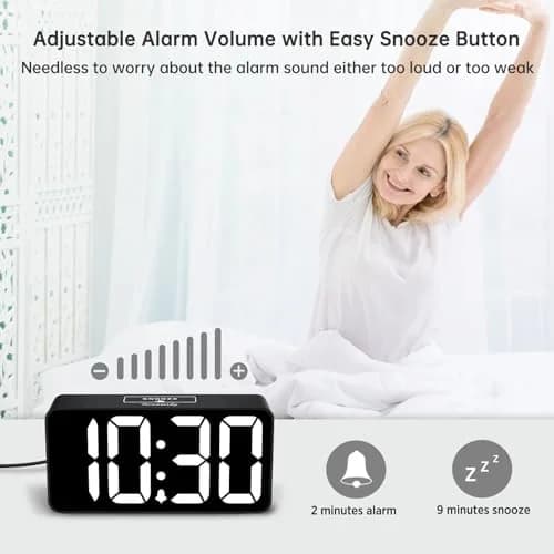 DreamSky Small Digital Alarm Clock for Bedroom, Large 2-inch LED Display | Black Case White Digits, Plug-in with USB Charging Port thumbnail 6