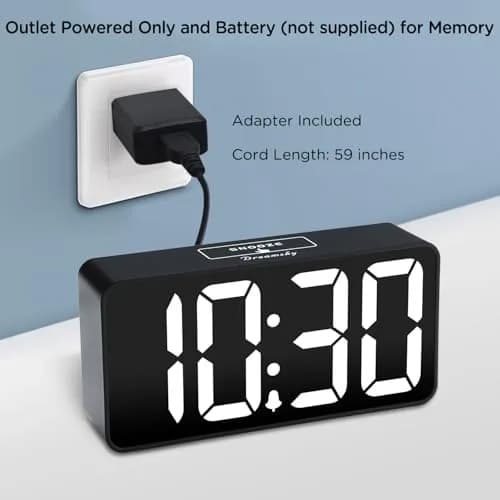 DreamSky Small Digital Alarm Clock for Bedroom, Large 2-inch LED Display | Black Case White Digits, Plug-in with USB Charging Port thumbnail 2