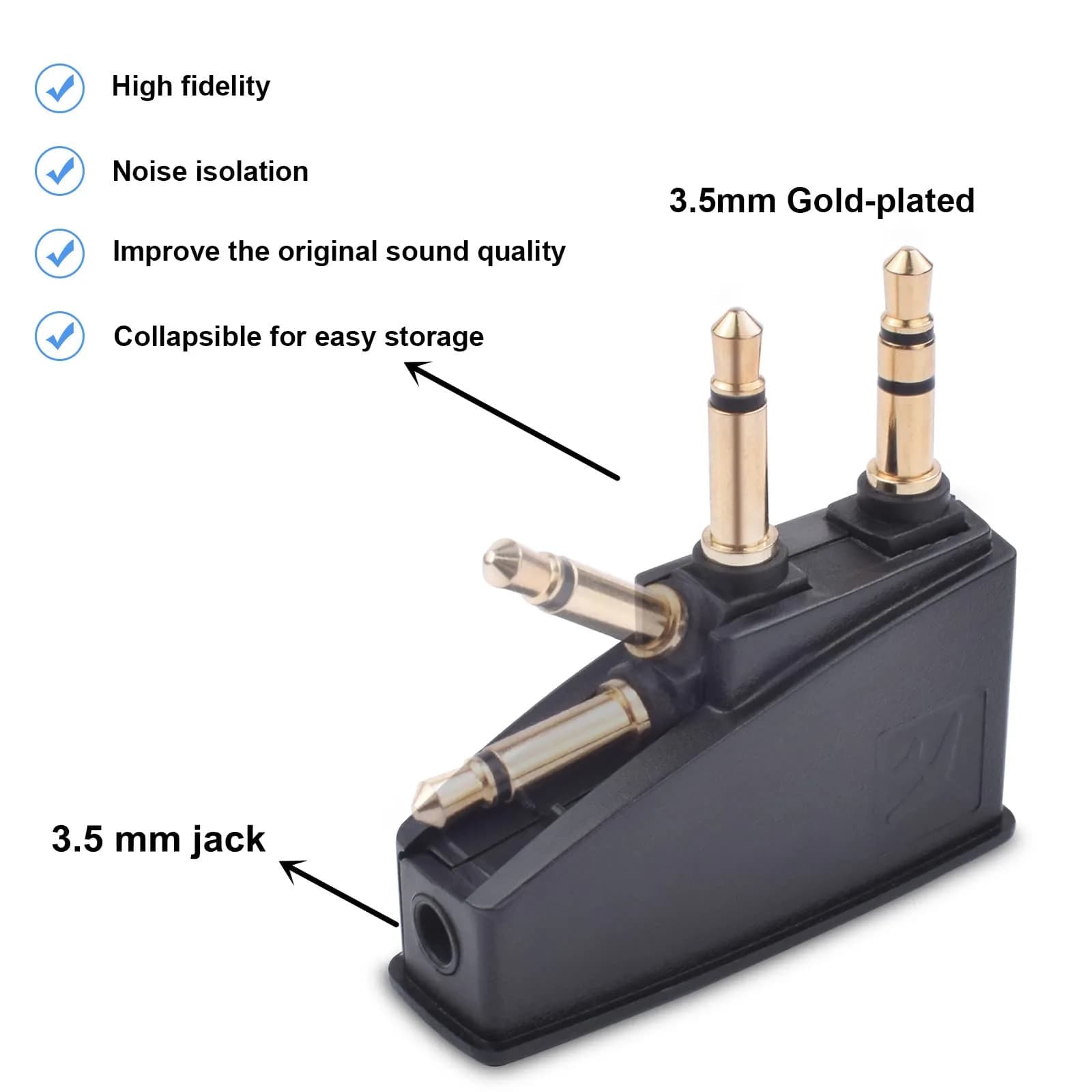 Asobilor Gold Airplane Headphone Adapter with 3.5mm Jack | Compatible with Bose QC Series & More - view 2