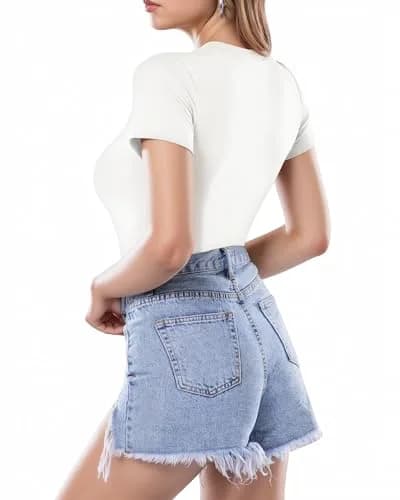 MANGOPOP Women's Bodysuit Short Sleeve Round Neck Fitted White Medium | Versatile & Chic thumbnail 4