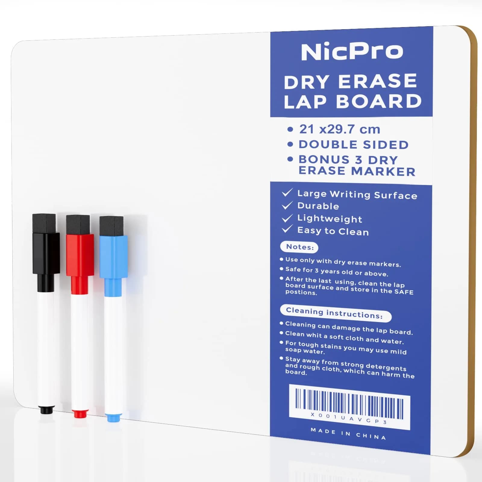 Nicpro 9 x 12 inch Dry Erase Lap Board 2 Pack (22.86 x 30.48 cm) | Ruled & Blank Double-Sided Whiteboard Set with Markers & Erasers — White