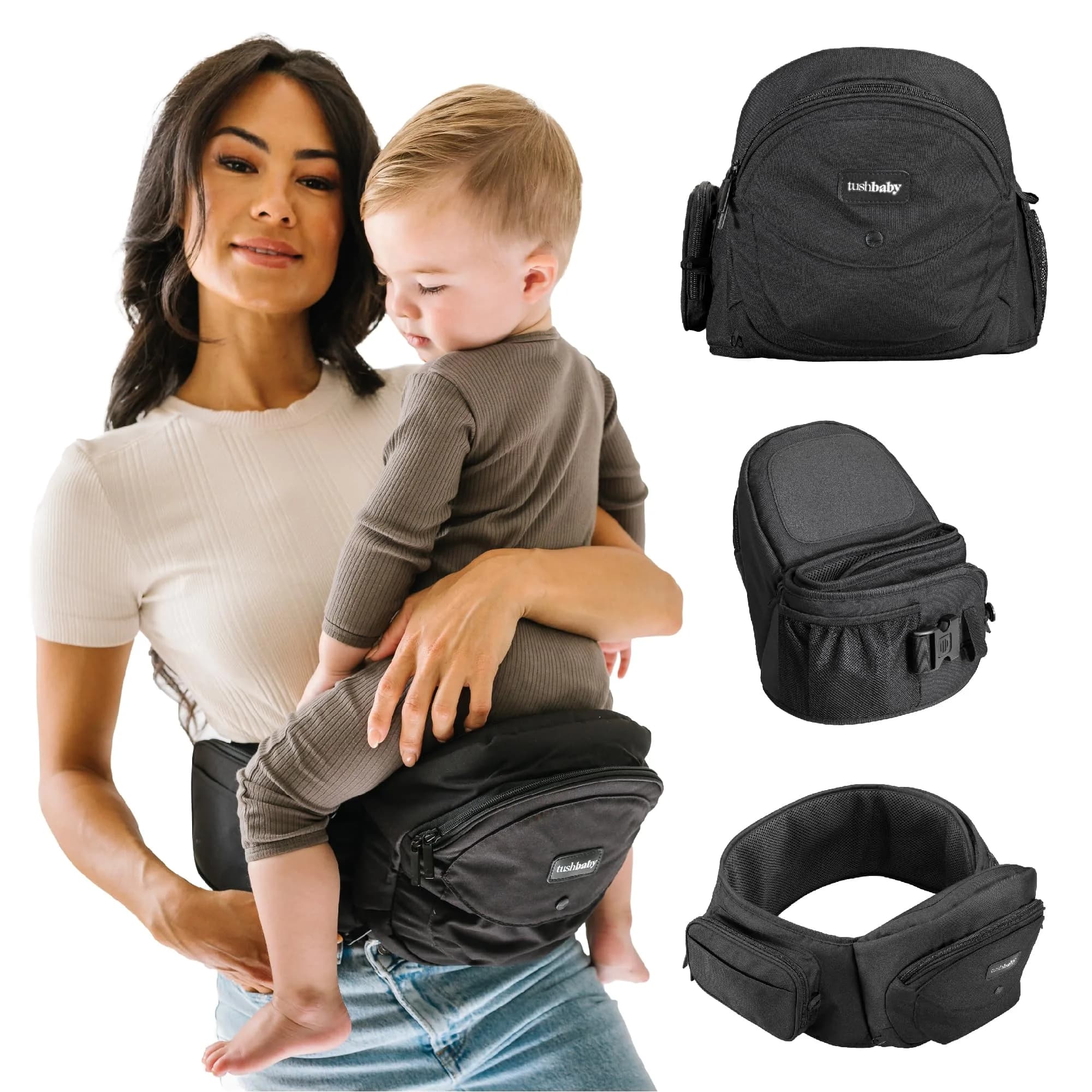 TushBaby Hip Seat Baby Carrier for Babies & Toddlers up to 45 lbs | Supportive, No-Foam, Lightweight with Storage — Black