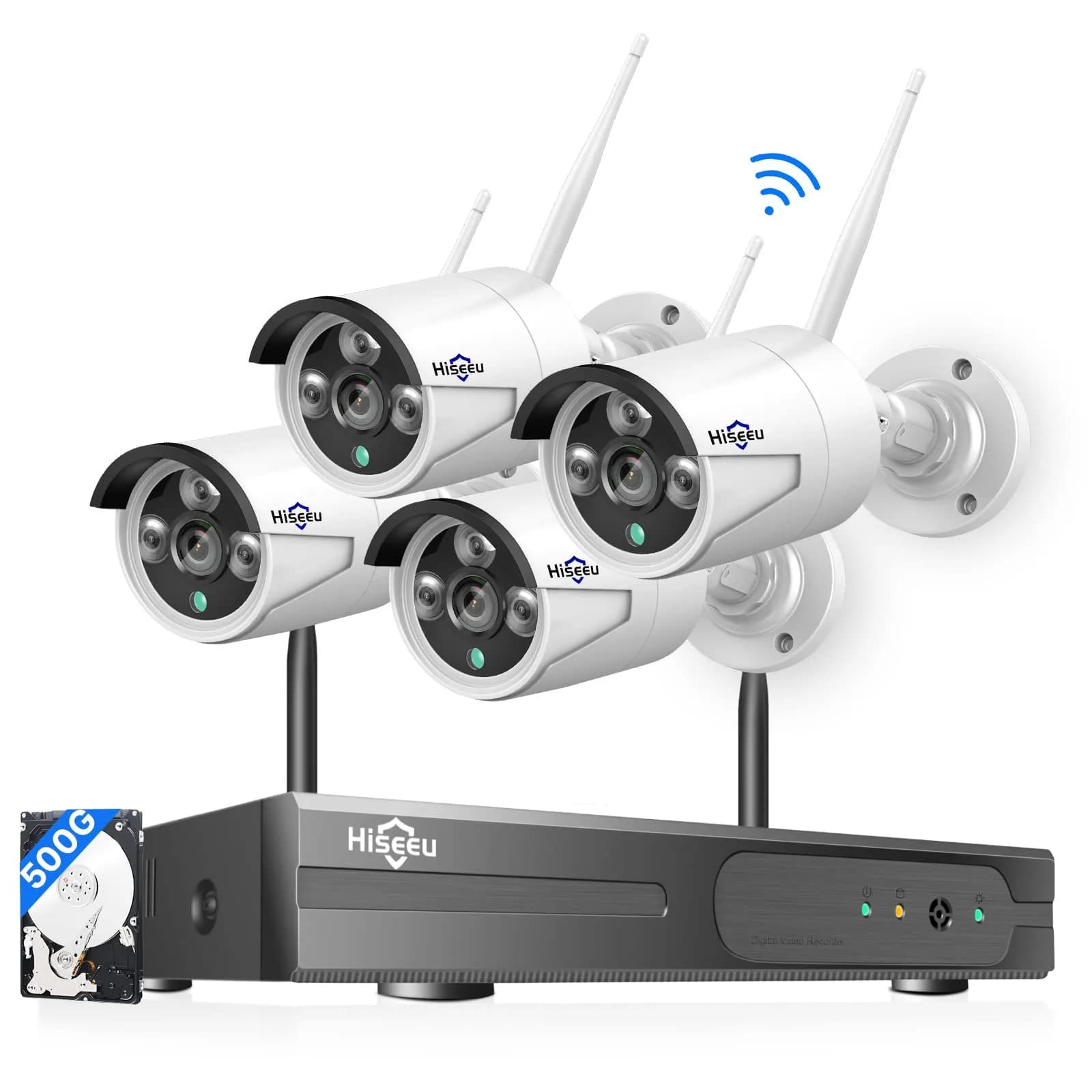 Hiseeu 5MP Wireless Security Camera System with 4 Cameras & 500GB HDD | 24/7 HD Night Vision Weatherproof Surveillance — White-4 Cam Kit-500GB