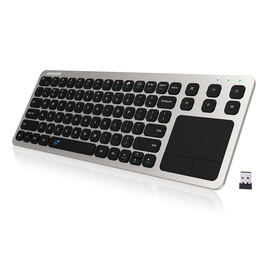 Arteck 2.4G Wireless Touch Keyboard with Touchpad, Full Size Silver | 10m Wireless Range, Easy Setup