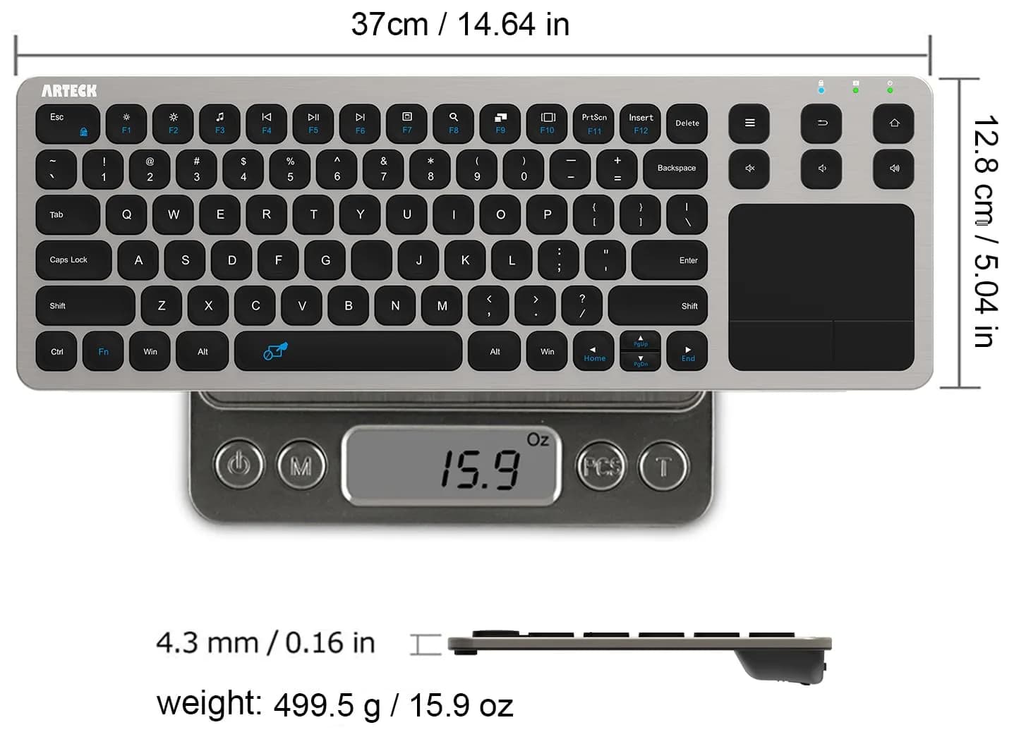 Arteck 2.4G Wireless Touch Keyboard with Touchpad, Full Size Silver | 10m Wireless Range, Easy Setup - view 6