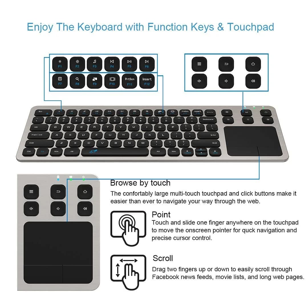 Arteck 2.4G Wireless Touch Keyboard with Touchpad, Full Size Silver | 10m Wireless Range, Easy Setup - view 2