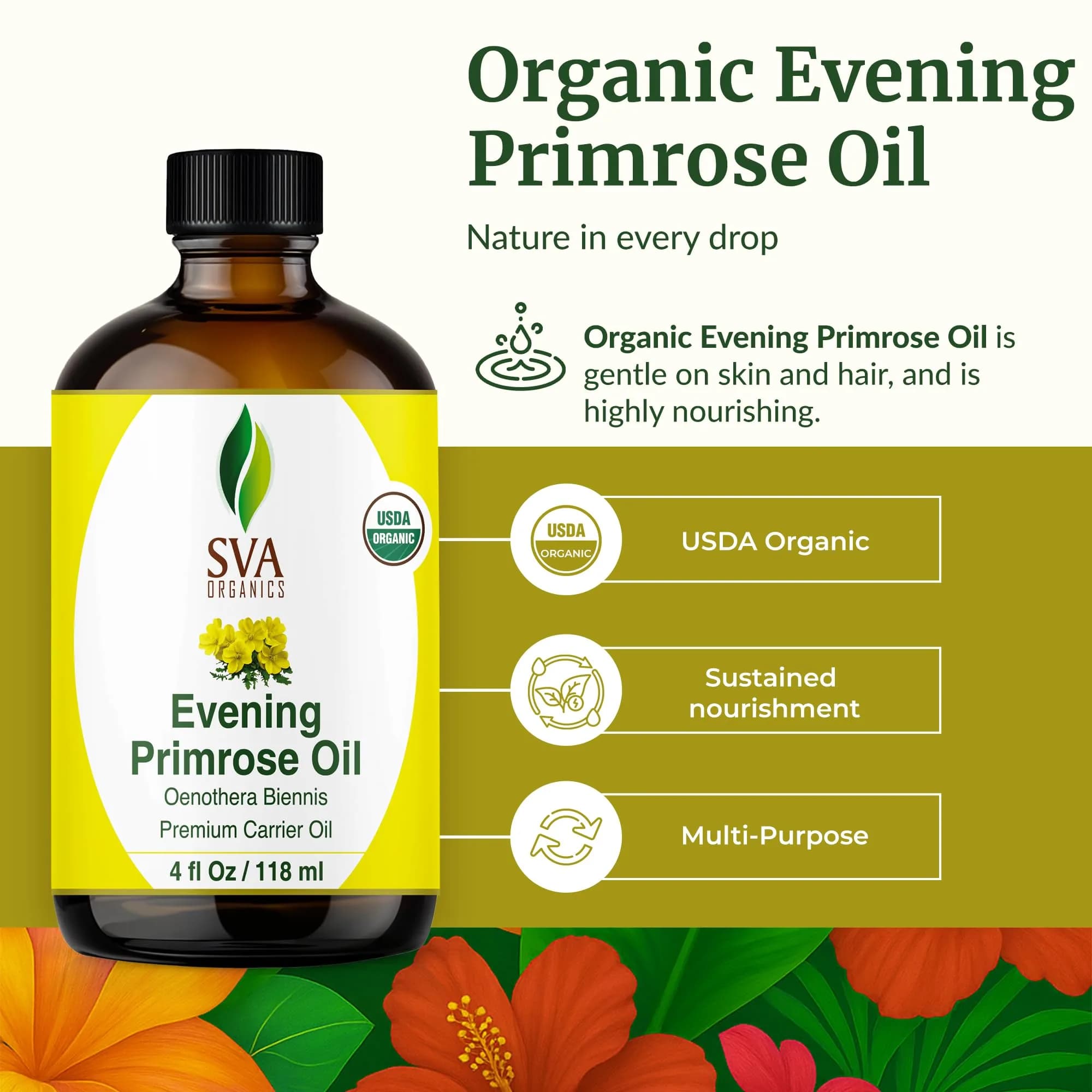 SVA ORGANICS Evening Primrose Carrier Oil, 4 Fl Oz (118 ml) - Single Bottle - view 2
