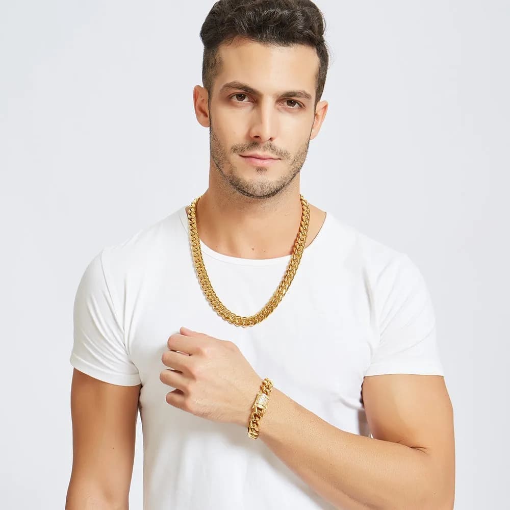 Jxlepe 15mm Cuban Link Chain Necklace - 20 Inch Premium Stainless Steel with 18K Gold Plating - view 2