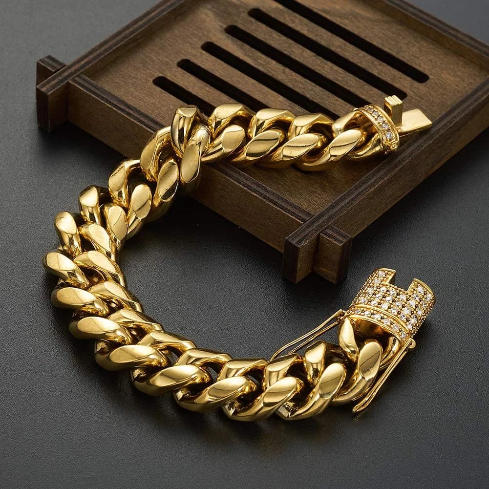 Jxlepe 15mm Cuban Link Miami Bracelet - 18K Gold Plated Stainless Steel - view 2