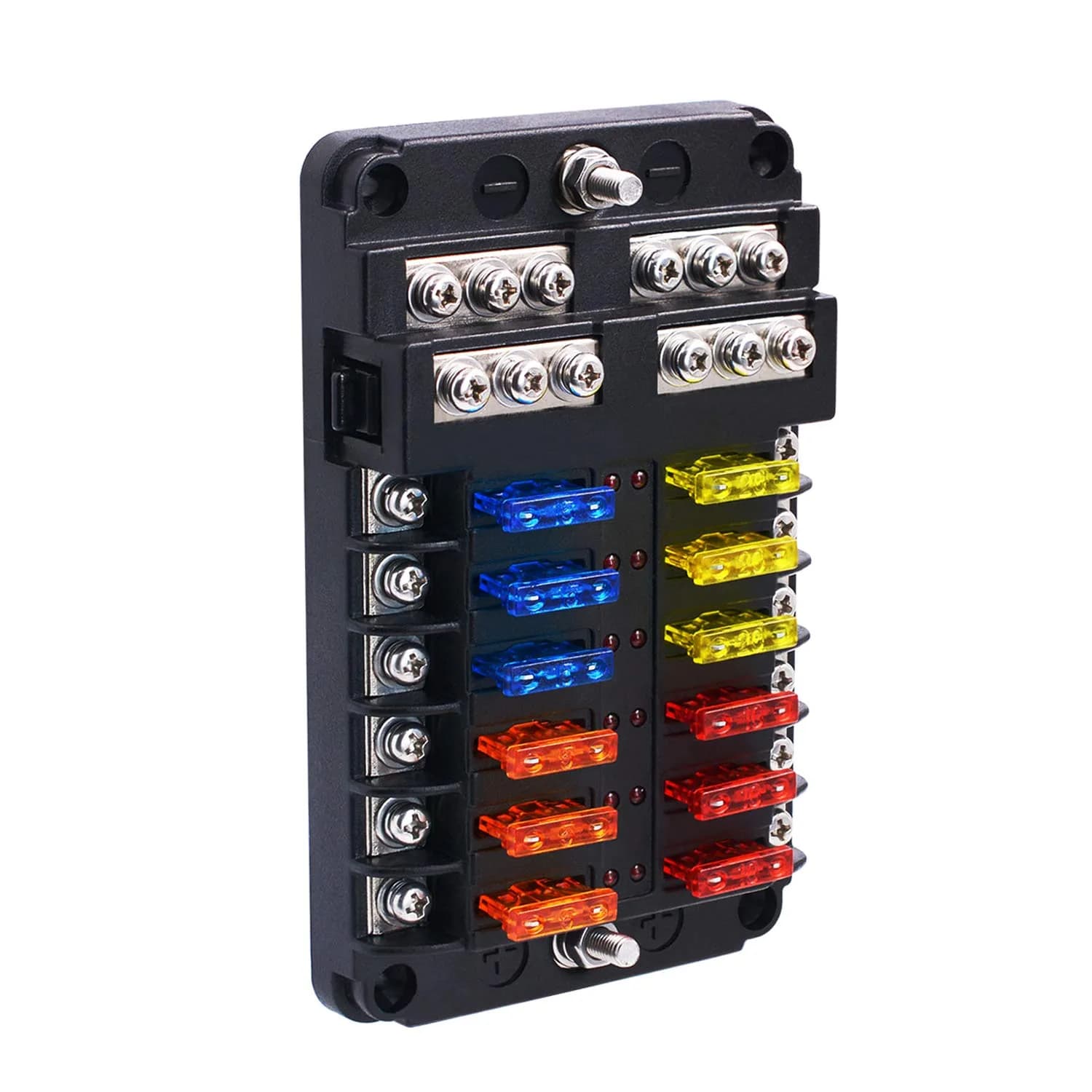 BlueFire 6-Way Blade Fuse Block with LED Indicator & ACC Interface, 12V/24V DC, 80A Input, 20A Output Per Circuit | Waterproof & Dustproof Fuse Holder — 12 Way