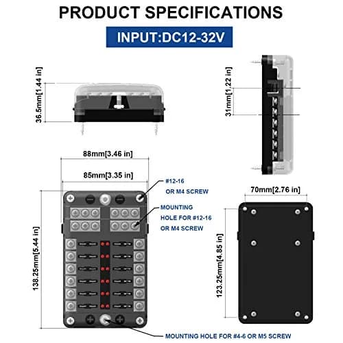 BlueFire 12 Way Blade Fuse Box Holder with LED Indicator 32V DC 100A | Automotive Fuse Block for Cars, Boats, RVs thumbnail 5
