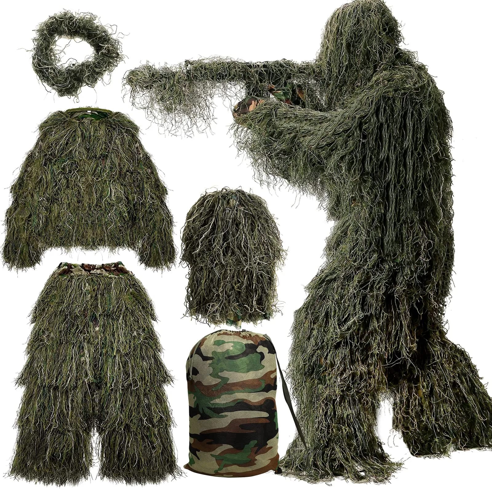 MOPHOTO 5 in 1 Ghillie Suit 3D Camouflage Hunting Suit - Jacket, Pants, Hood, Carry Bag, Adult XL/2XL | Effective Camouflage — Dense Forest