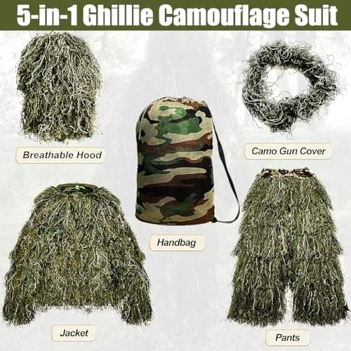 MOPHOTO 5 in 1 Ghillie Suit 3D Camouflage Hunting Suit - Jacket, Pants, Hood, Carry Bag, Adult XL/2XL | Effective Camouflage thumbnail 6
