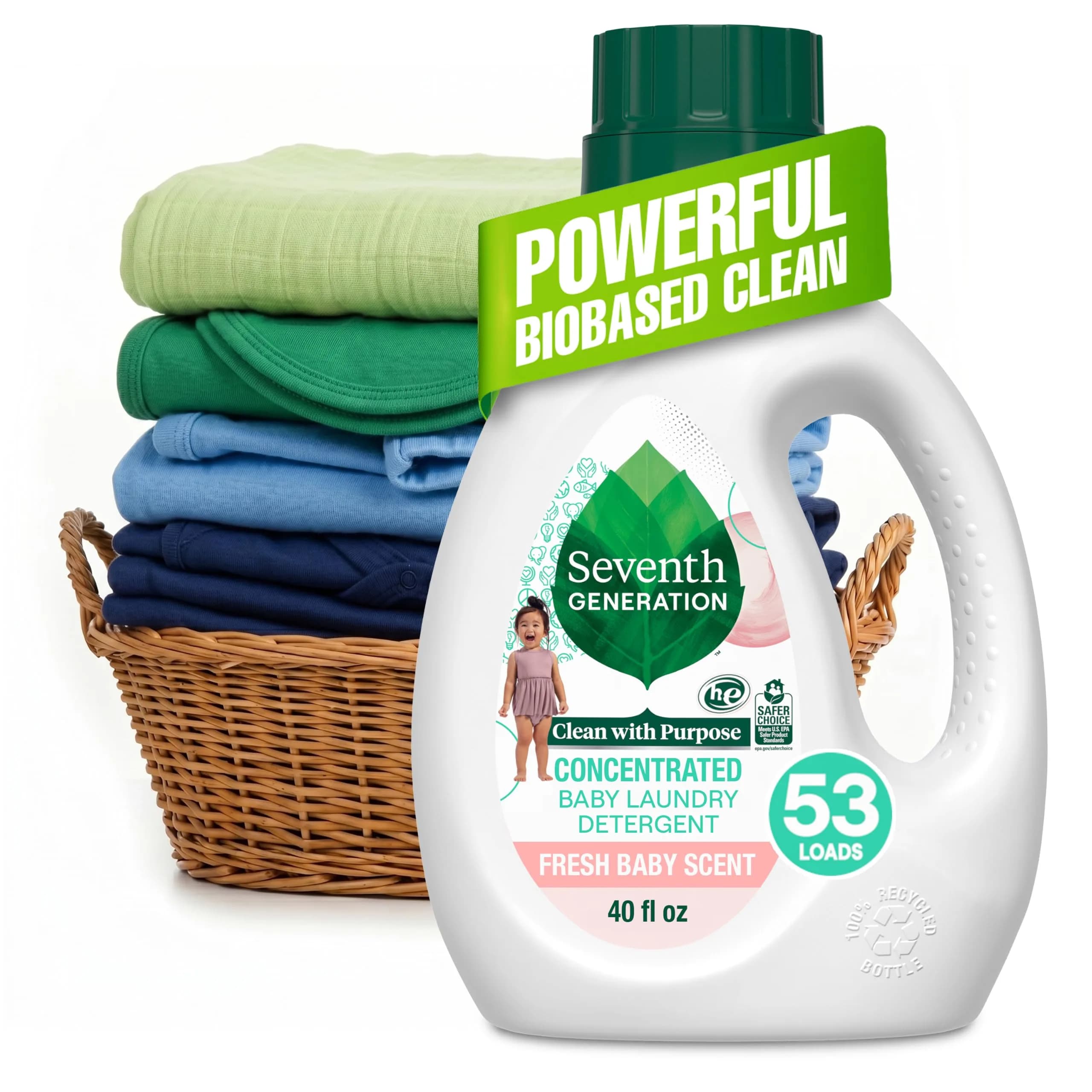 Seventh Generation Fresh Baby Concentrated Laundry Detergent, 40 oz (106 Loads) | Plant-Based Triple-Enzyme Formula - main product image