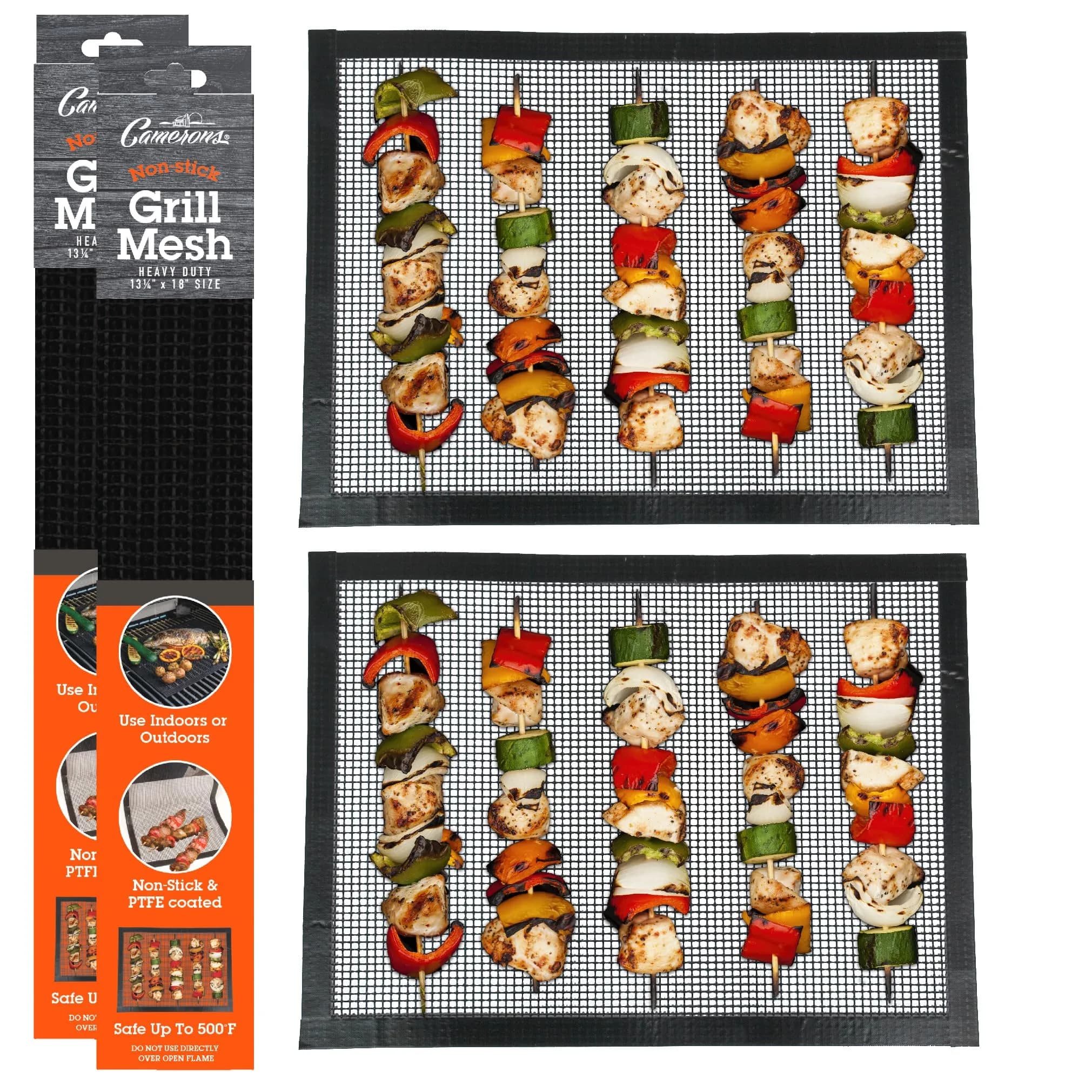 Camerons Heavy Duty Non-Stick Grilling Mesh Sheet 13.5" x 18" (2-Pack) | Reusable BBQ Mat for Gas, Charcoal, Oven Grills — Black