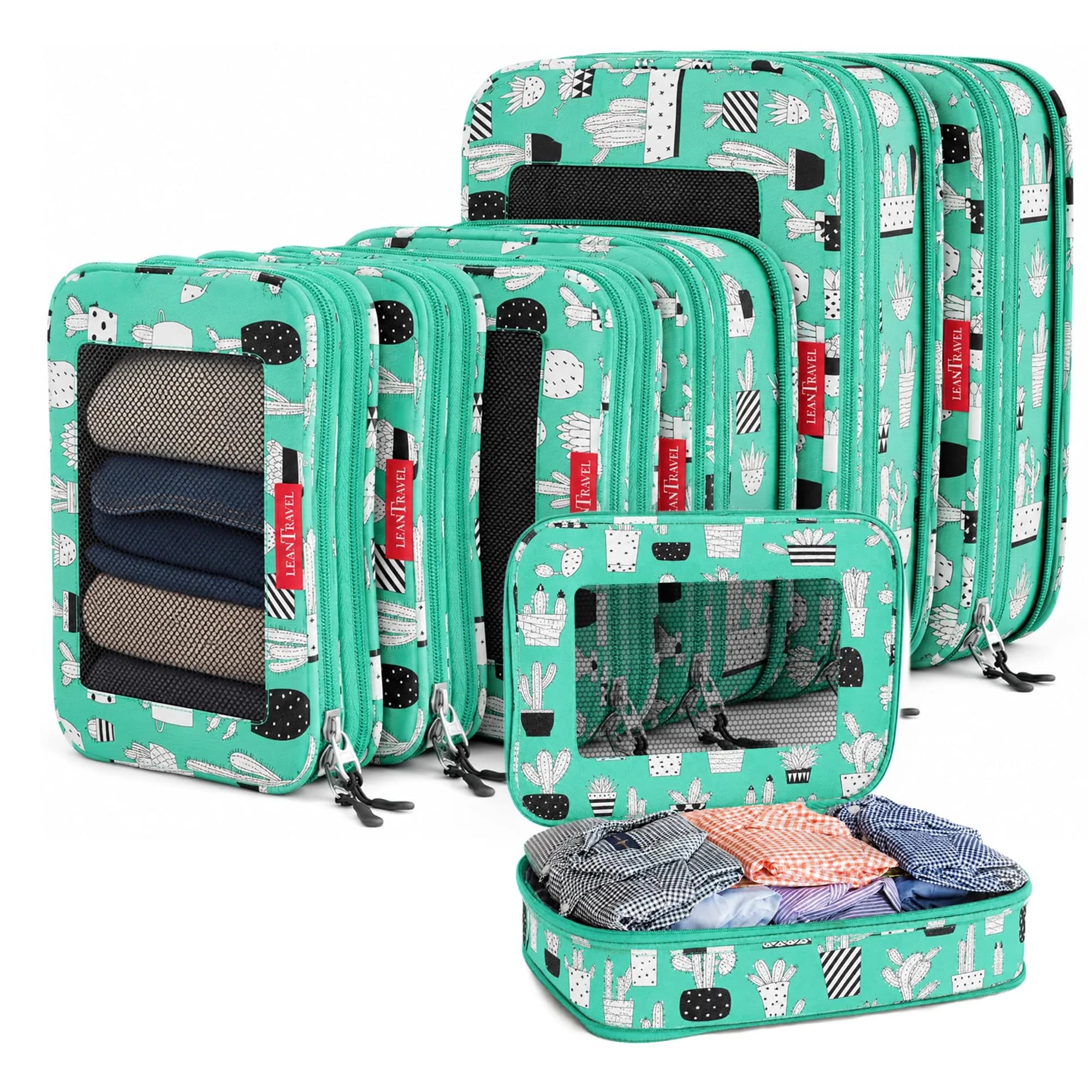 LeanTravel Cactus Compression Packing Cubes 6-Pack - Space-Saving Suitcase Organizers - main product image