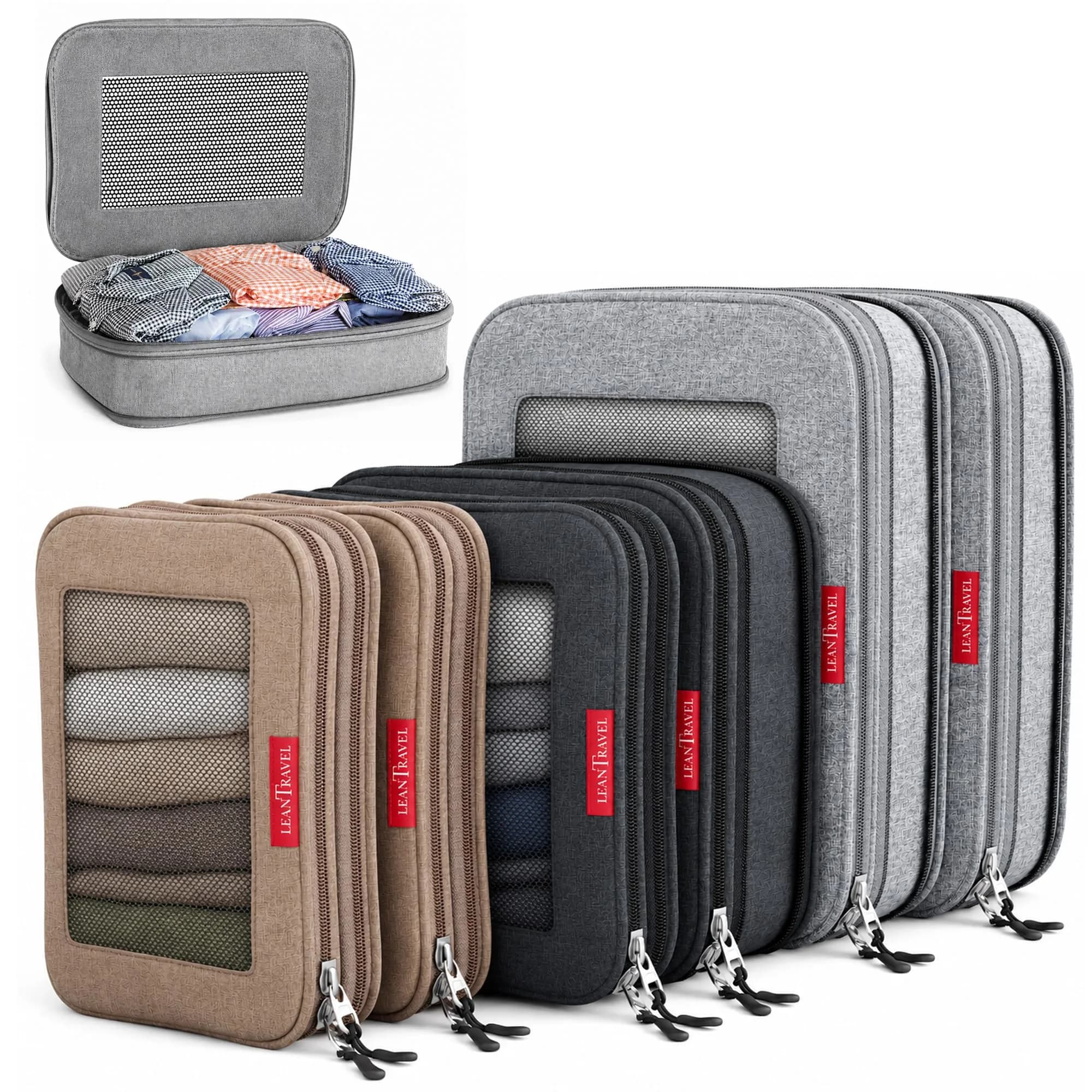 LeanTravel Premium Compression Packing Cubes for Travel - Suitcase Organizer Bags with Double Zipper & Breathable Mesh Panel - Space Saving Carry On Luggage Essentials (6-Pack, Grey, Black, Brown)