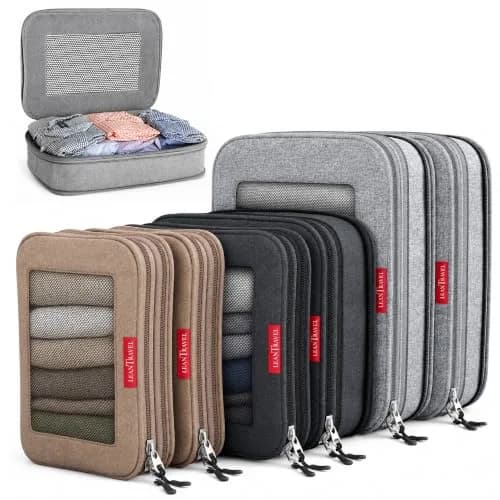 LeanTravel Premium Compression Packing Cubes for Travel - Suitcase Organizer Bags with Double Zipper & Breathable Mesh Panel - Space Saving Carry On Luggage Essentials (6-Pack, Grey, Black, Brown) thumbnail 1